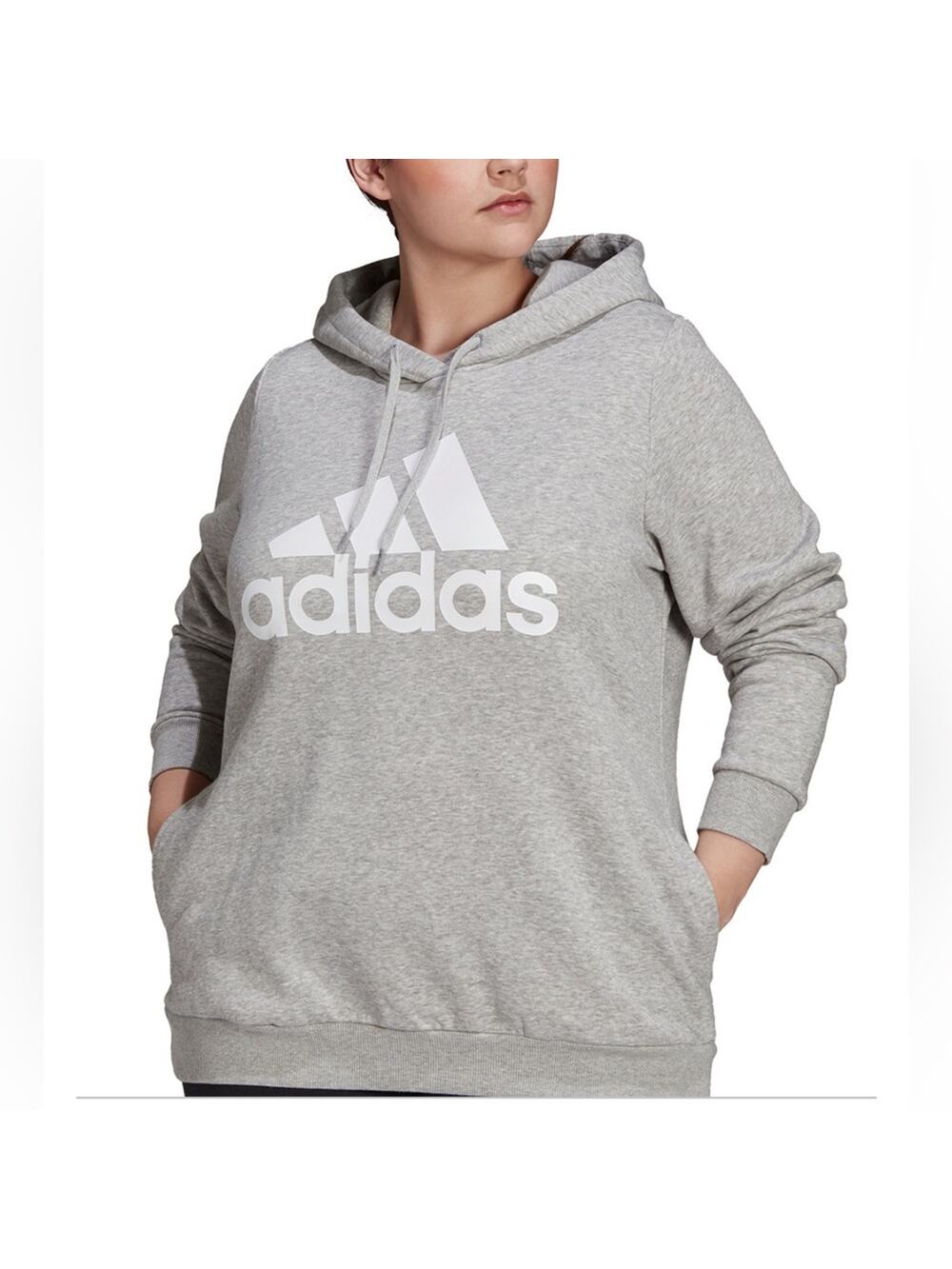 NWT Adidas Plus Size Essential Gray Fleece Logo Hoodie/Sweatshirt Pockets 1X